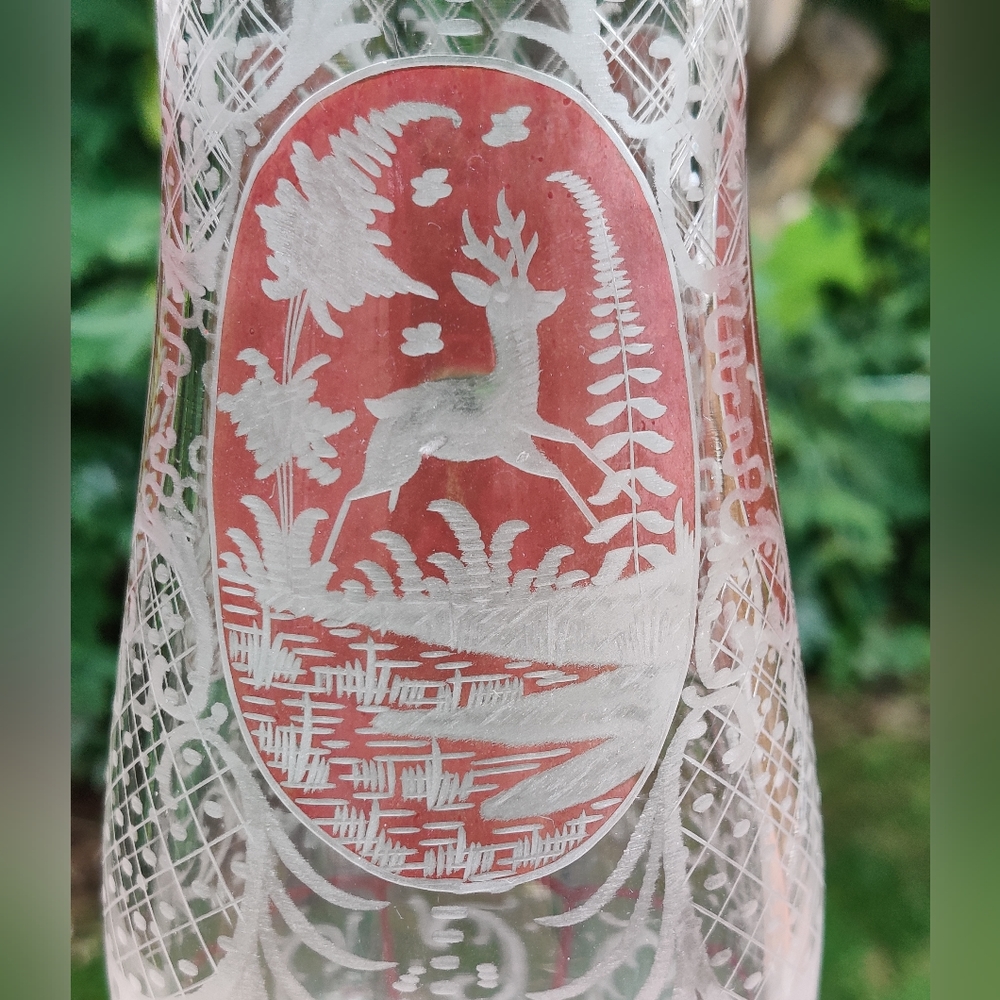 Antique Bohemian Vase Cranberry Red to Clear Cut Etched Motifs
